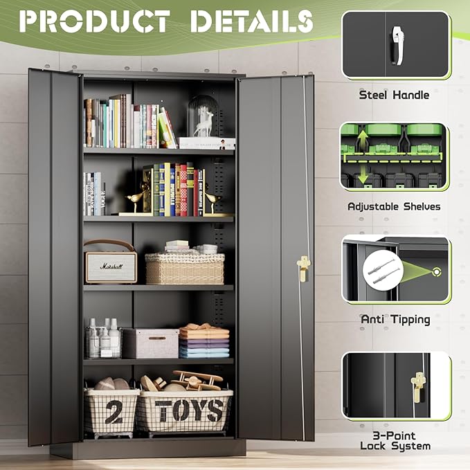 SUNCROWN 72" Metal Storage Cabinet - Heavy-Duty Metal Garage Cabinet with 4 Adjustable Shelves & 2 Doors for Tools, Office, Home, Workshop,Black