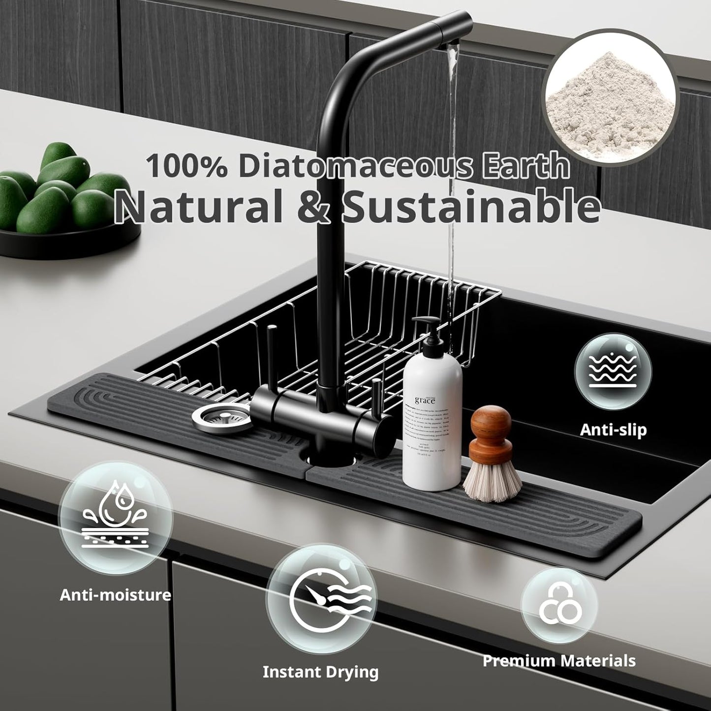 Faucet Mat for Kitchen Sink - 23.6" Diatomite Stone Sink Tray - Surface Protectors for Kitchen Sink Splash Guard - Dark Gray