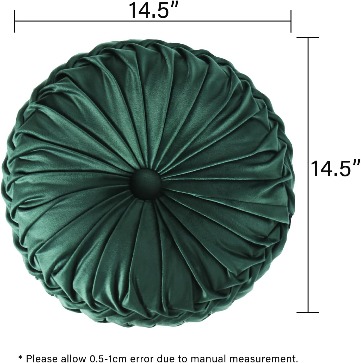 HIG Set of 2 Decorative Round Pleated Throw Pillows, Classy Accent Pumpkin Throw Pillows with Center Button, Vintage Velvet Floor Pillows for Sofa Vanity Chair Bed, Emerald, 14.5" Diameter(Ripple)