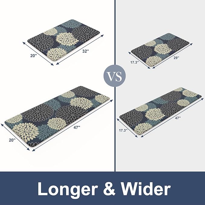 KIMODE Padded Anti Fatigue Rug Sets of 2, Ergonomic Standing Kitchen Rugs 2PCS, Boho Kitchen Mats for Floor 2 Pieces Stain Resistant, Non Slip Kitchen Sink Floor Mat Waterproof, 20"x32"+20"x47", Blue