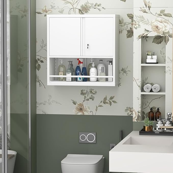 LUCYPAL Metal Wall Cabinet,Garage Wall Mounted Cabinets with Adjustable Shelf and Doors,Steel Hanging Cabinet with Open Storage for Home Office,Bathroom,Kitchen,White