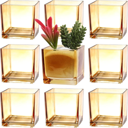 Square Flower Vases Set of 9, 3"x 3"x 3" Glass Vases for Centerpieces, Amber Vase for Flowers, Small Vase for Wedding, Party, Home Office Decoration
