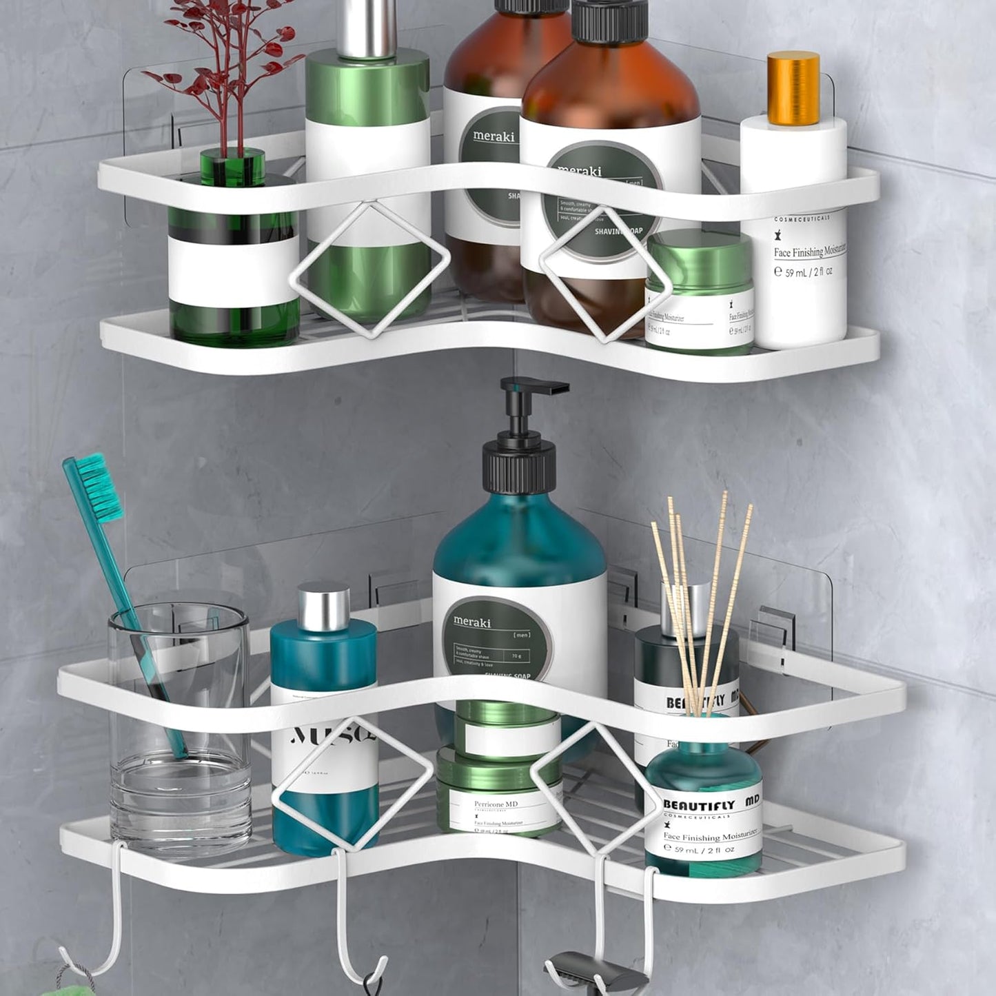 Kadolina Large Corner Shower Caddy Shelf, 2 Pack Adhesive Bathroom Shower Organizer Shelves, No Drilling Rustproof Wall Mounted Shower Storage Basket Shampoo Holder Organizer (White)
