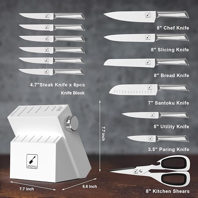imarku Knife Set G14 - Stainless Steel Kitchen Knives with Block, Built-in Sharpener, Dishwasher Safe, Rust Resistant, Non-Slip Ergonomic Handle - 14pcs Ultimate Gift for Home Cooks & Chefs, White