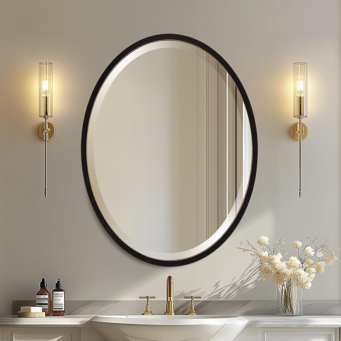 OVALCREST - Oval Wooden Beveled Wall Mirror for Home Decor, Bathroom, Vanity, Bedroom, Living Room, Hallway - London Style (Rubbed Black) 17.1 x 21.1