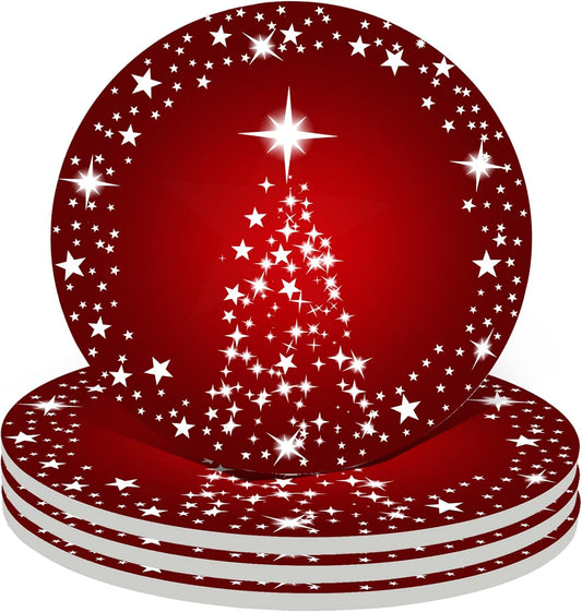 Silver Star Christmas Tree with Holiday Red Background Christmas Coasters Absorbent Ceramic Drink Coasters for Xmas Decor Soft Coasters Set of 4 Good White Elephant Gifts for Adults