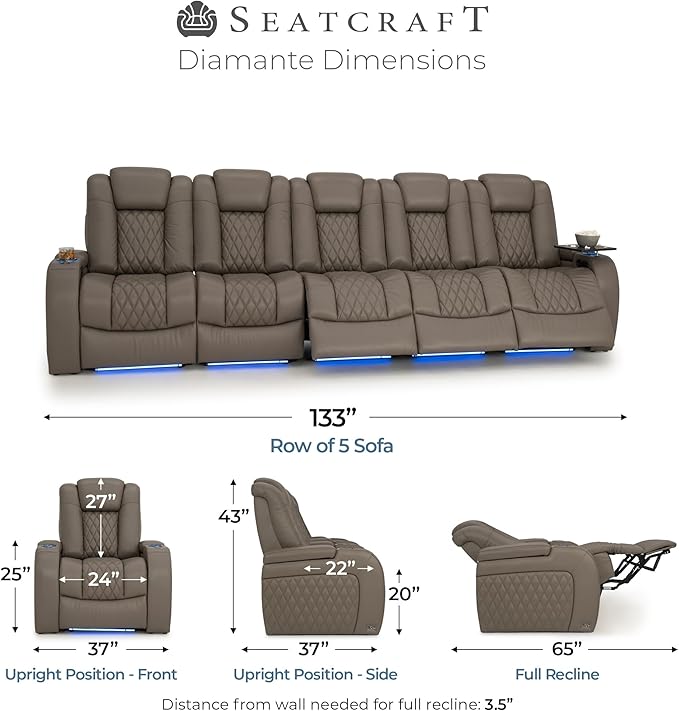 Seatcraft Diamante Zero-Gravity CoolZero Italian Leather Home Theater Seating, Power Headrest, Power Recline, Row of 5 Sofa, Gray