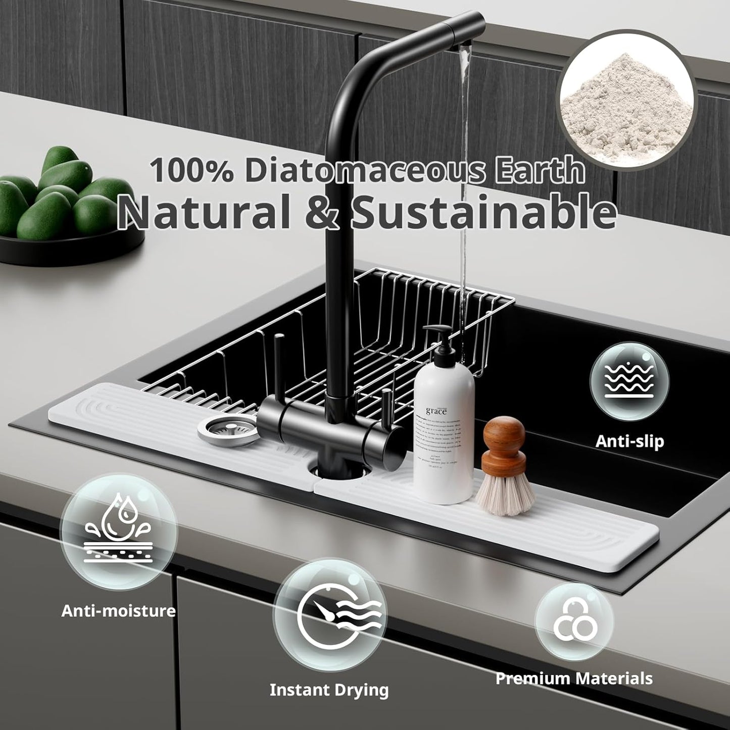 Faucet Mat for Kitchen Sink - 23.6" Quick-Drying Water Absorbing Stone Sink Splash Guard - Diatomite Fast Drying Stone Sink Mat - White