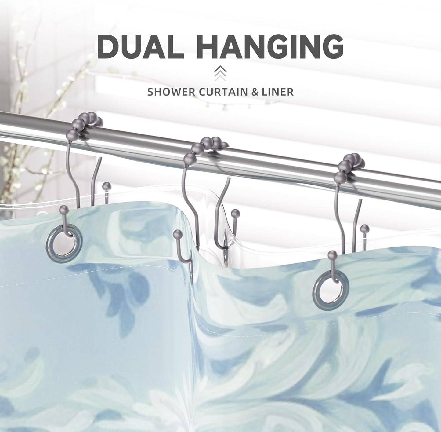 Shower Curtain Hooks, Shower Curtain Rings Rust Proof Double Hook Shower Curtain Hooks, 12 Pcs Grey Shower Hooks for Shower Curtain, Shower Rings for Curtain, Metal Shower Rod Hooks
