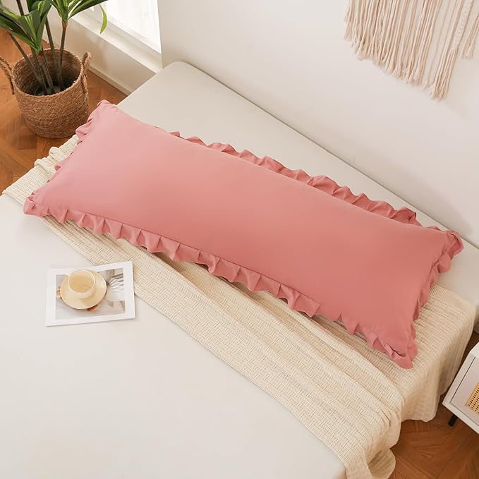 Merryword Pink Mocha Body Pillow Cover 20x54inches Long Pillowcase Ruffled Pillowcases Shabby Chic Ruffled Fringe Decor Body Ruffled Pillow Sham Cute Pillowcase (1 Body, Pink Mocha)