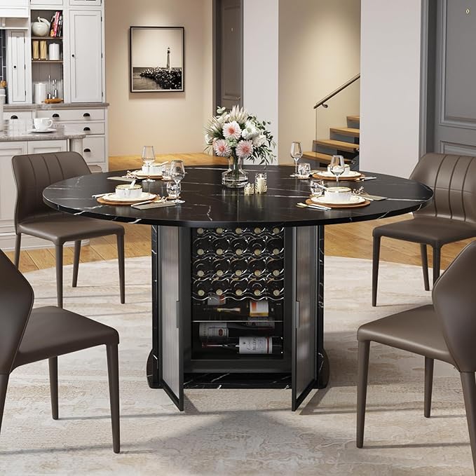 IBF Black Round Dining Table with Fridge Space, 47" Faux Marble Dining Room Table for 4-6, Modern Kitchen Tables with Storage Shelf, Circle Wood Dinner Tables for Home, Black Marble, Only Table