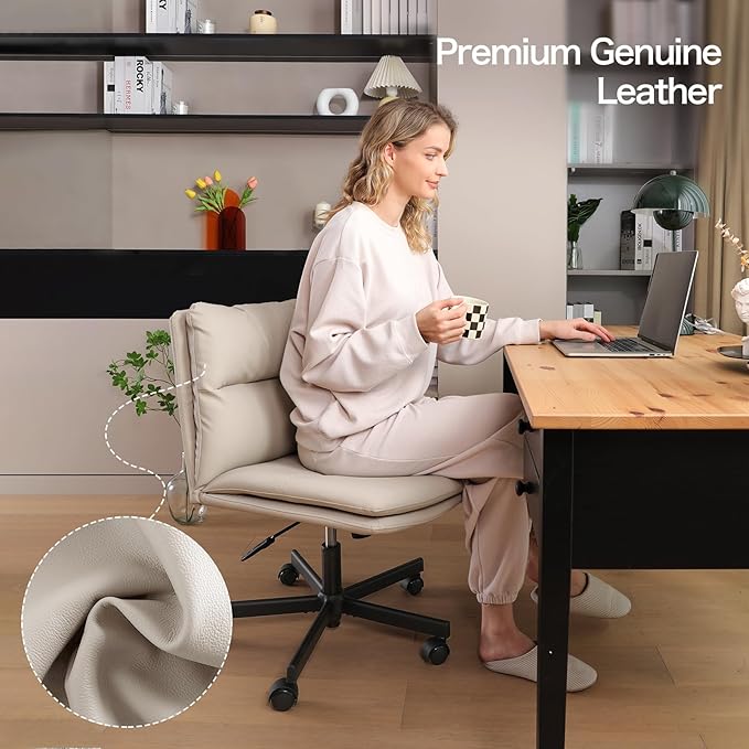 EMIAH Armless Office Desk Chairs Criss Cross Chair with Wheels Mid-Back Ergonomic Home Office Computer Chair Comfortable Thickened Cushion Adjustable Swivel Task Chair with Genuine Leather