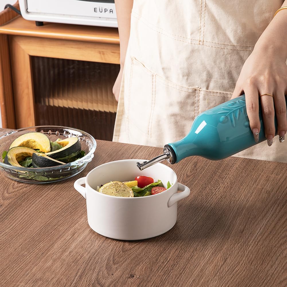 Sweejar Large Olive Oil Dispenser Bottle with Spout, 24 Oz Ceramic Oil Dispenser for Kitchen, Relief Opaque Oil Cruet, Oil Container for Cooking, EVOO, Avocado Oil, Vinegar, Pack of 1 (Gradient Blue)