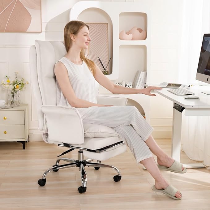 High Back Office Chair, Velvet Shaking Home Office Chairs with Double Layer Cloud Cushion and Retractable Footrest, Adjustable Backrest Women Office Chair, Makeup Chairs for Bedroom (Beige)