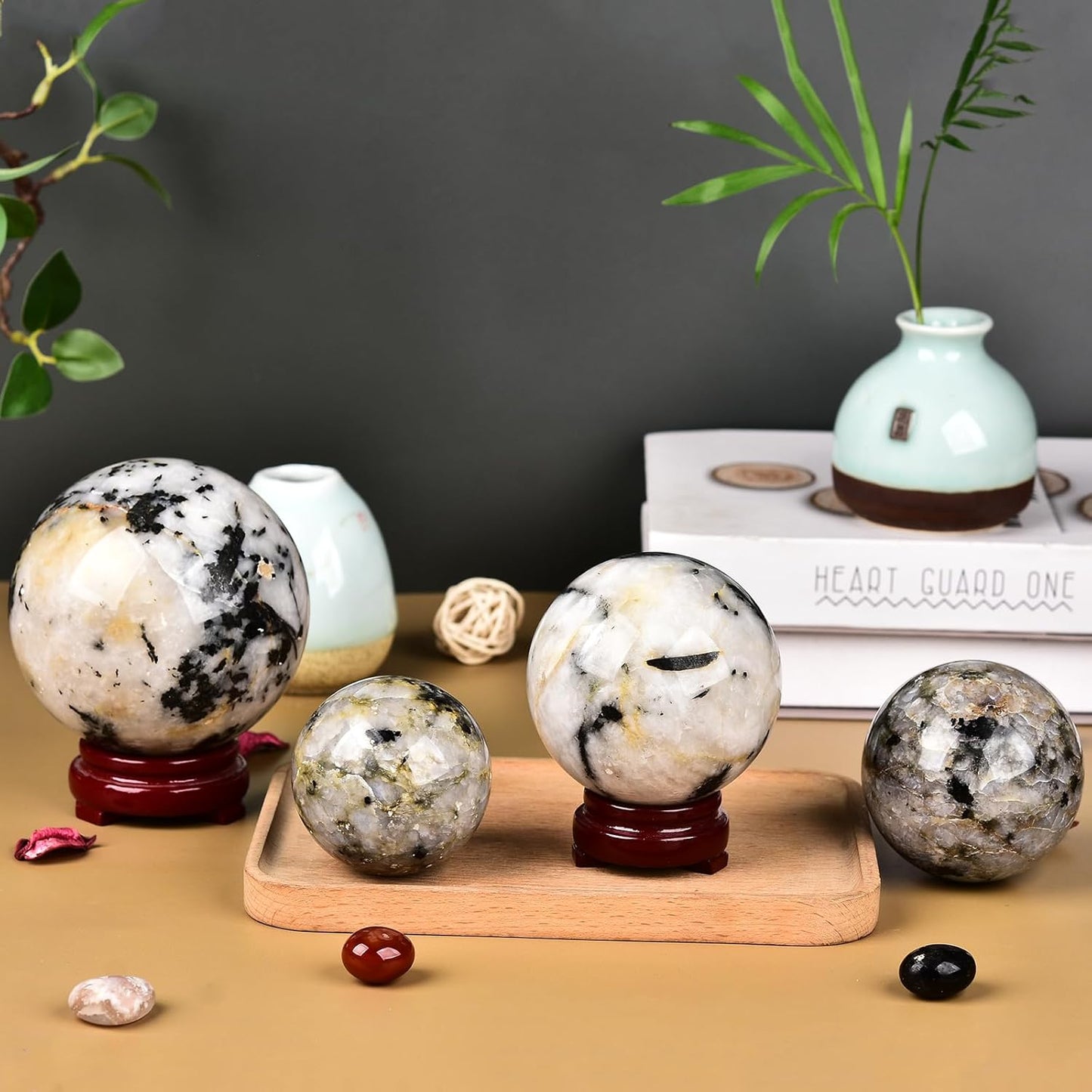 JIC Gem Black and White Tourmaline Crystal Sphere with Wooden Stand,Decorative Crystal Ball Black&White Gemstone Sphere for Meditation,Feng Shui,Witch-Style Decor,Office Table Decorations 70-80mm