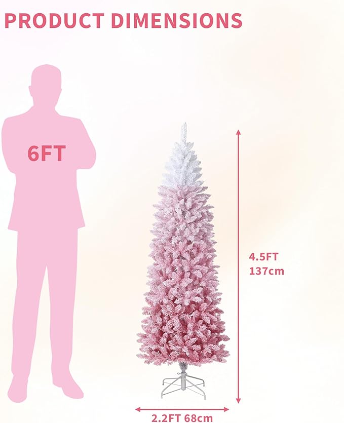 GarveeHome 4.5ft Snow Flocked Pencil Christmas Tree, Slim Artificial Christmas Tree with Sturdy Metal Stand, Skinny Xmas Tree Holiday Decoration for Home, Office, Pink Gradient