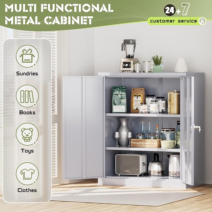 SUNCROWN Metal Storage Cabinets, 36”Locking Cabinet with Doors and Adjustable Shelves, Steel Utility Tool Garage Cabinets for Home, Office, Kitchen,Warehouse, Grey