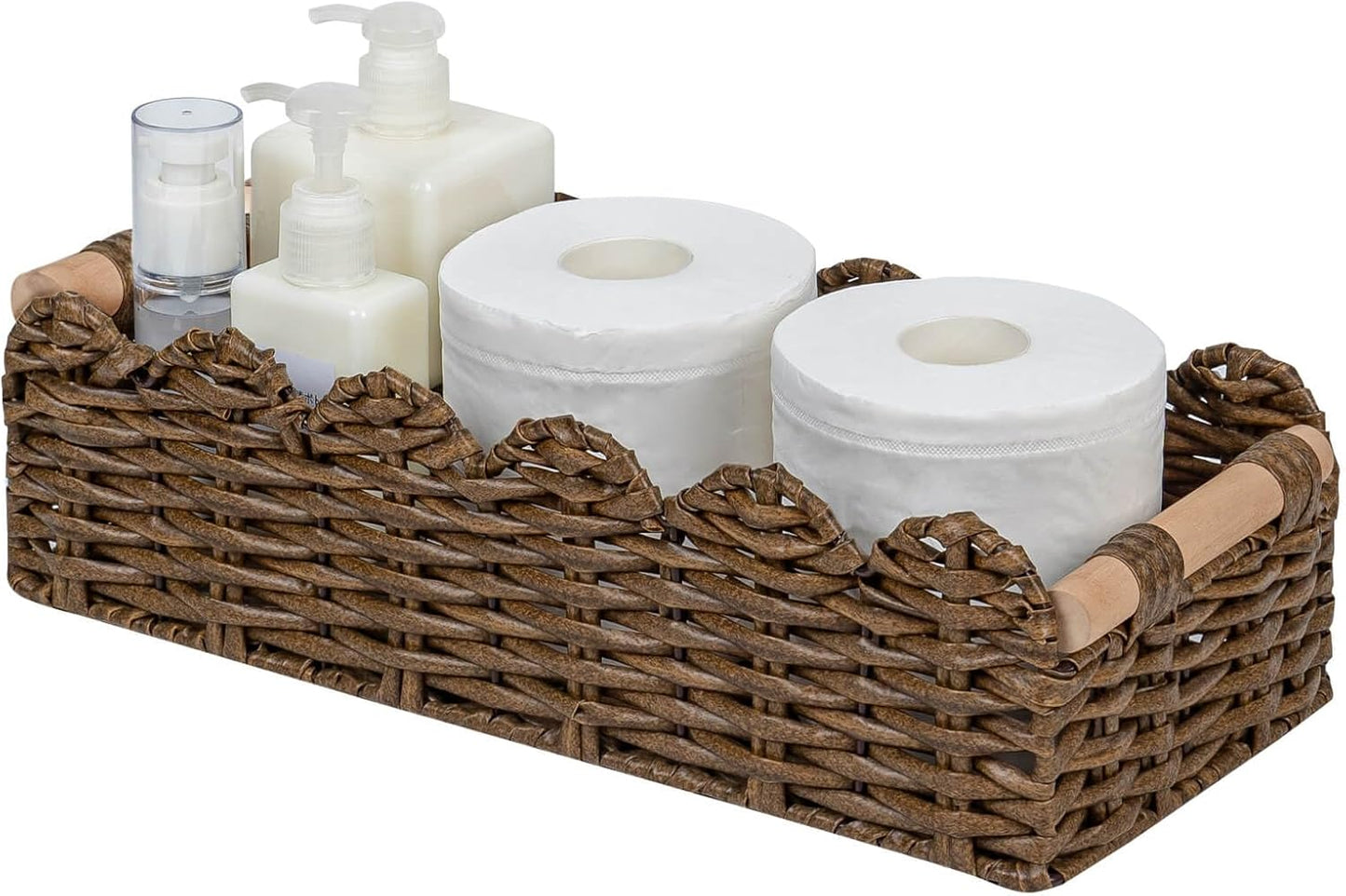 CubesLand PP Wicker Scalloped Edge Floating Shelves Baskets, Toilet Paper Basket for Over Toilet Storage Shelf, Ending Table, Cabinet Organizing and Home Décor, Rattan Basket with Wood Handle,Brown