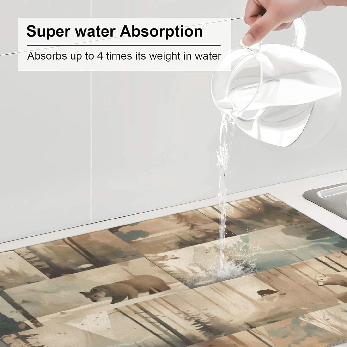 Retro Forest Bear Dish Drying Mat 18x24 For Kitchen Counter Absorbent Microfiber Dishes Pad Dish Drainer Rack Mats Fast Dry Kitchen Accessories