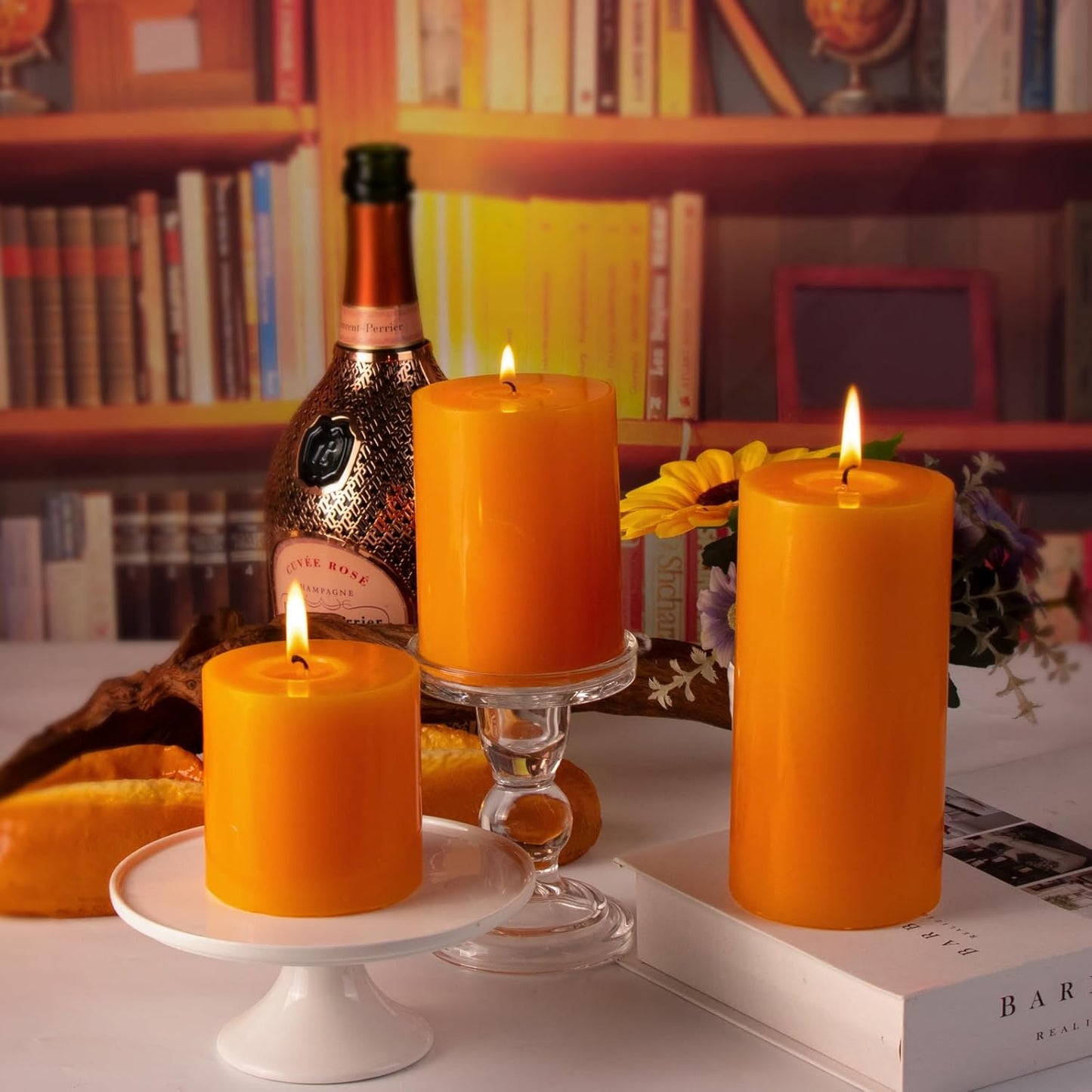 KONNI Orange Pillar Candles Set of 3, 3"x 3" Unscented Pillar Candles Bulk, 30 Hours Long Burning Candles, Smokeless&Dripless Large Round Candle for Wedding, Home Decoration, Parties, Spas, Dinner