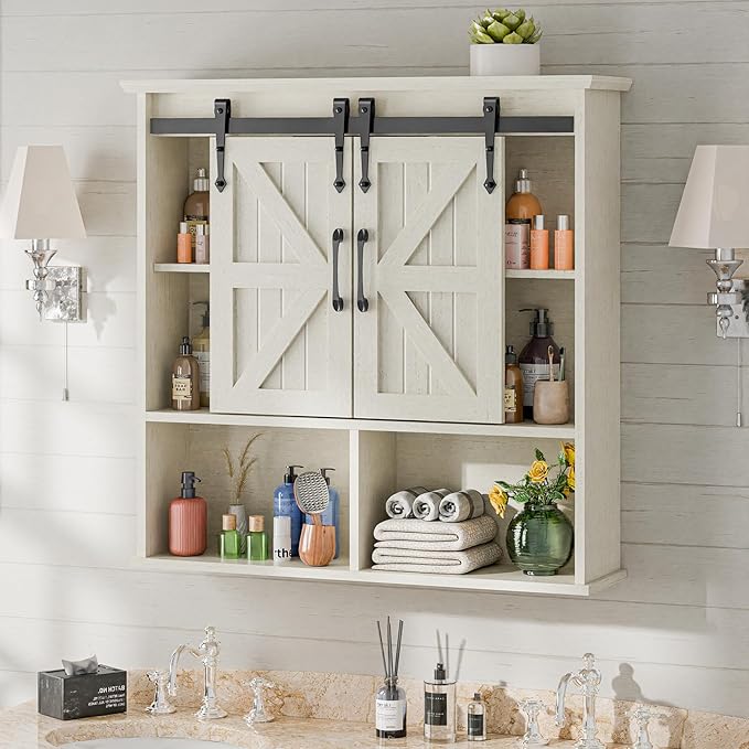 Vabches Bathroom Wall Cabinet, Farmhouse Medicine Cabinet with Double Sliding Barn Door and Adjustable Shelves, Wooden Vintage Storage Cabinet Wall Mounted for Bathroom, Kitchen Dining, White