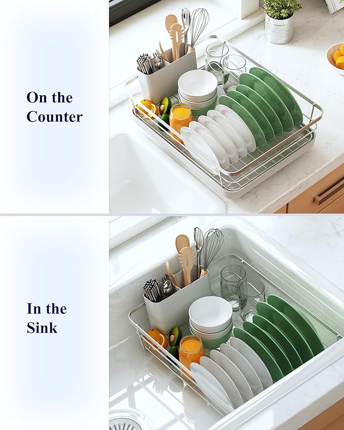 Kitsure Dish Drying Rack for Kitchen Counter, Stainless Steel Sink Organization and Storage Essentials with Cutlery Holder, Home and Appartment Decor, 12''W x 15.5''L, Silver
