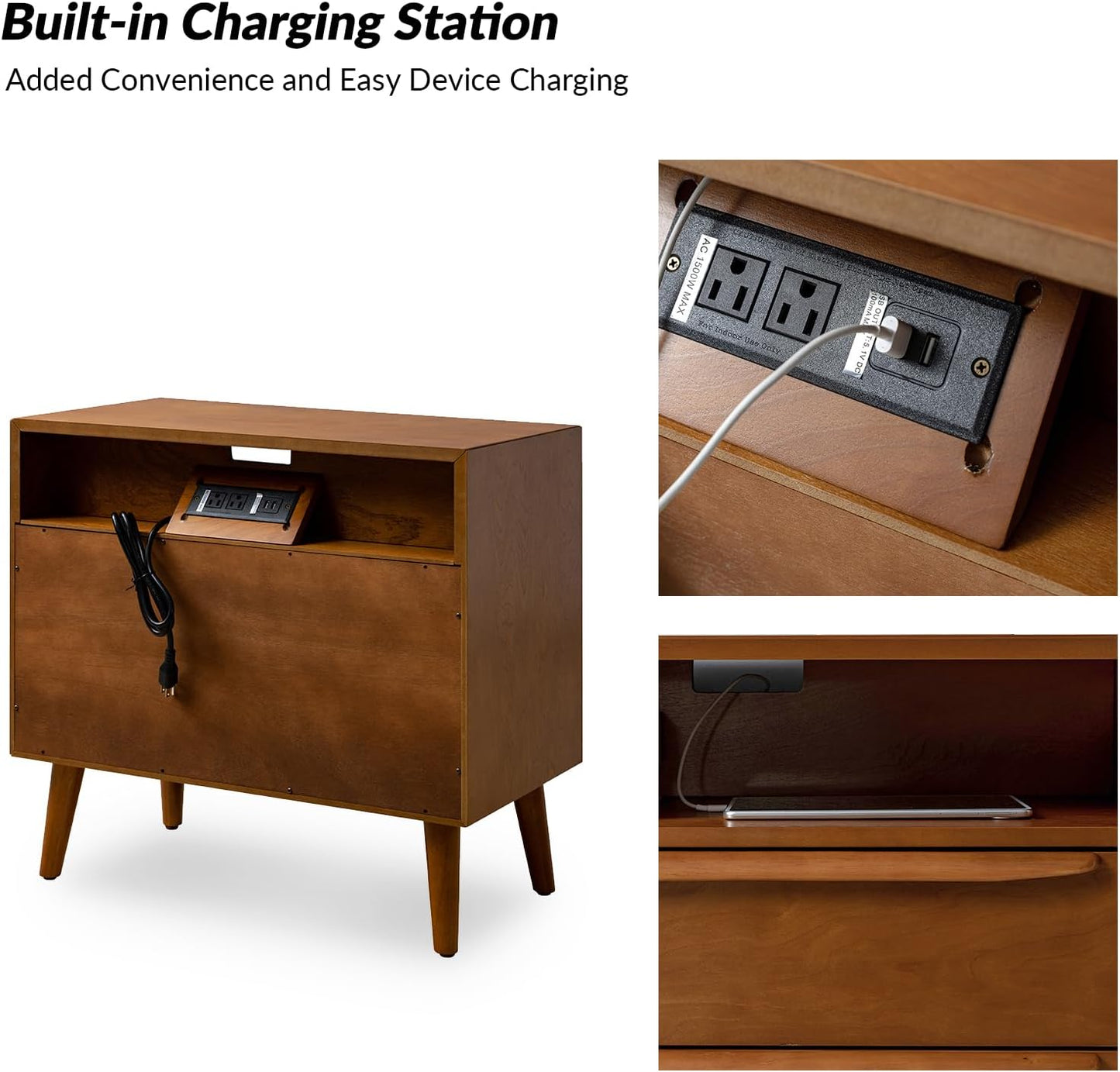 HULALA HOME Nightstand with Charging Station, Set of 2 Mid-Century Modern 2 Drawer and Open Shelf Dresser for Bedroom, Fluted Bedside Table, Acorn