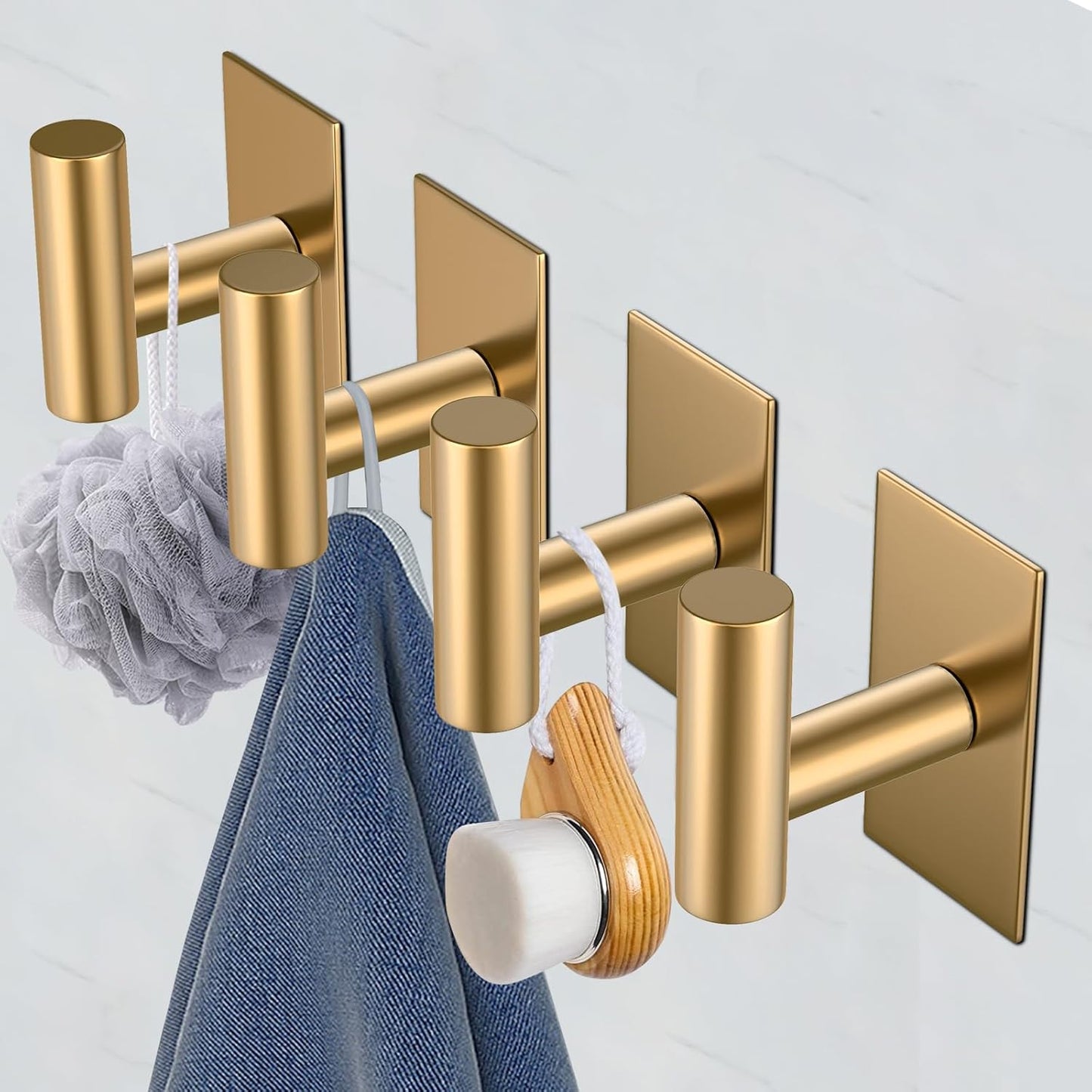 VAEHOLD Wall Towel Hooks, Heavy Duty Sticky Holder Waterproof Towel Hooks for Hanging Coat, Clothes, Closet Hook Wall Mount for Kitchen (Gold, 2 Pack)