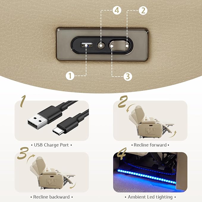 SAMERY Power Loveseat Recliner Sofa with Adjustable Split Back, Multi-Port Charger, Flip-Up Backrest & LED Lighting - Home Theater Seating with Storage, Cup Holders, Beige Fabric Loveseat Recliner