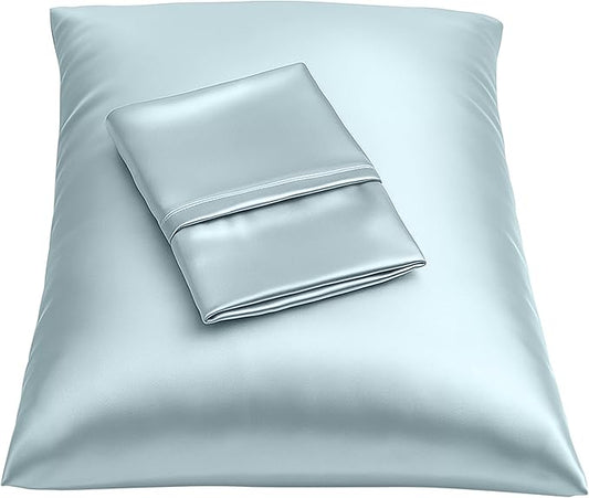 Satin Pillowcase with Zipper, for Hair and Skin Care, Feels Soft and Cool Like a Silk Pillowcase, Satin Pillow Cases 2 Pack, Slik Pillow Cover, Baby Blue - Queen Size, Set of 2