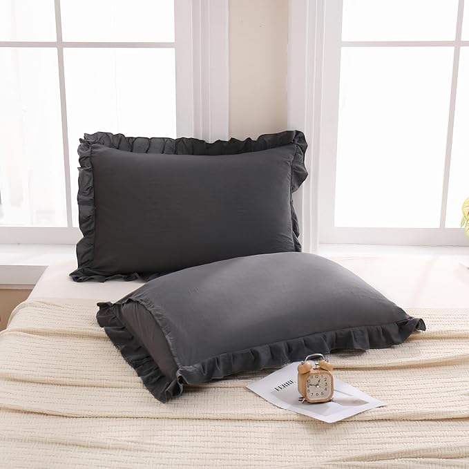 Merryword Reversible King Pillowcases Cute Pillow Cover Set of 2 Soft Shabby Chic Ruffled Pillowcases 2 Pack (King (20''x36''), Gray)