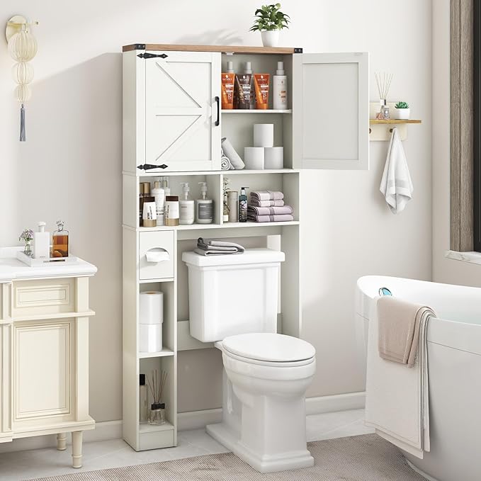 Over The Toilet Storage Cabinet, Farmhouse Storage Cabinet Over Toilet with 2 Barn Doors && Toilet Paper Holder Stand，Home Space-Saving Toilet Rack, for Laundry, Restroom, Bathroom