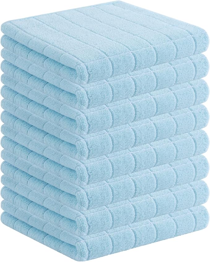 Homaxy 100% Cotton Terry Kitchen Towels(Sky Blue, 13 x 28 inches), Checkered Designed, Soft and Super Absorbent Dish Towels, 8 Pack