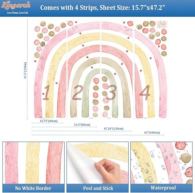 Large Pink Rainbow Wall Decals, Boho Dots Peel and Stick Fabric Nursery Wall Decor, Removable Home Room Wall Decor Murals Stickers for Kids Girls Toddler Bedroom Living Room Playroom