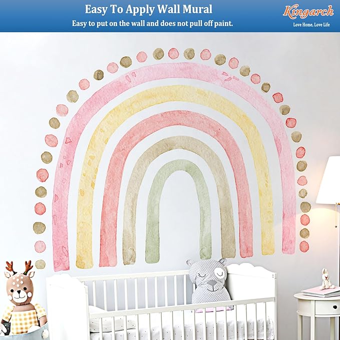 Large Pink Rainbow Wall Decals, Boho Dots Peel and Stick Fabric Nursery Wall Decor, Removable Home Room Wall Decor Murals Stickers for Kids Girls Toddler Bedroom Living Room Playroom