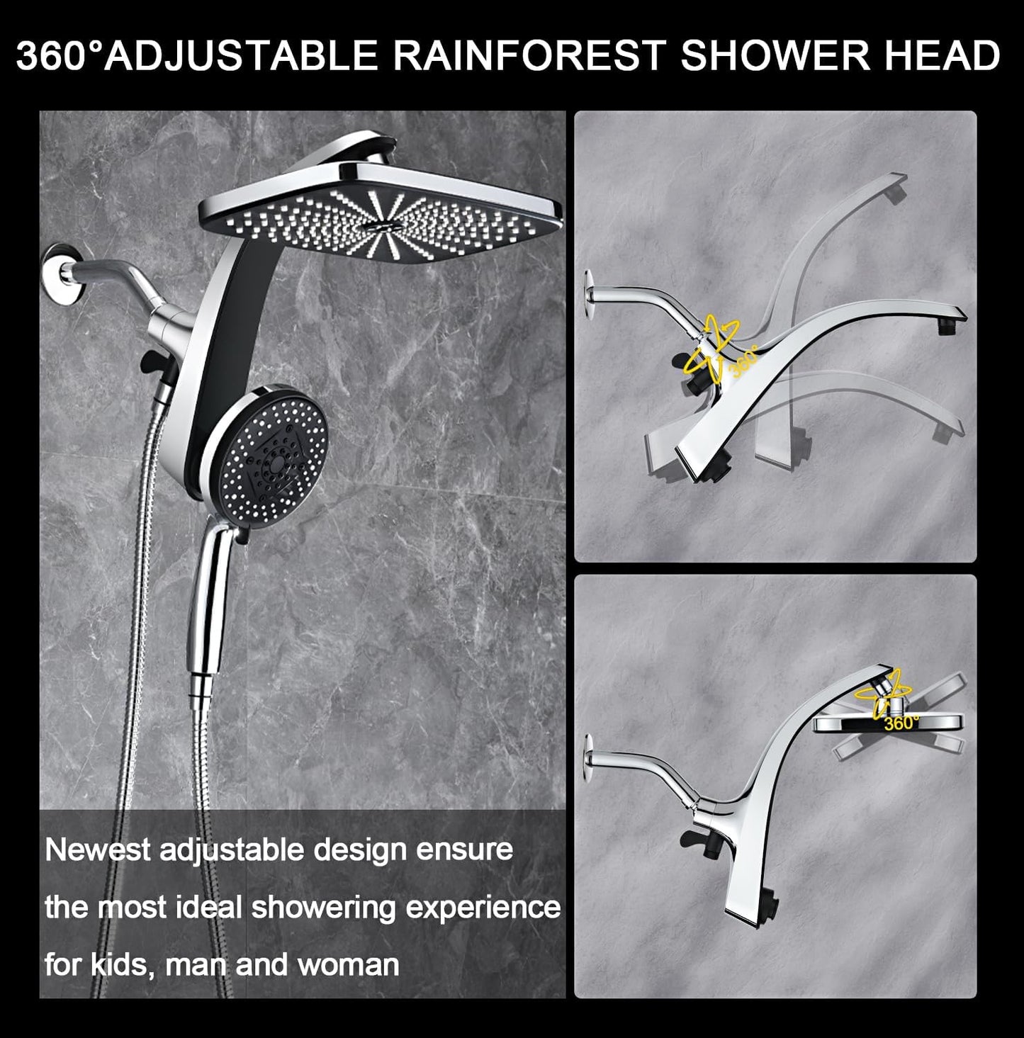 High Pressure Rain Shower Head: Upgrade Shower Heads with Handheld Spray Combo with Fixed Showerhead and 10 Sprays Handheld Shower Head, Detachable Shower head Built-in Magnetic Docking and Power Jets
