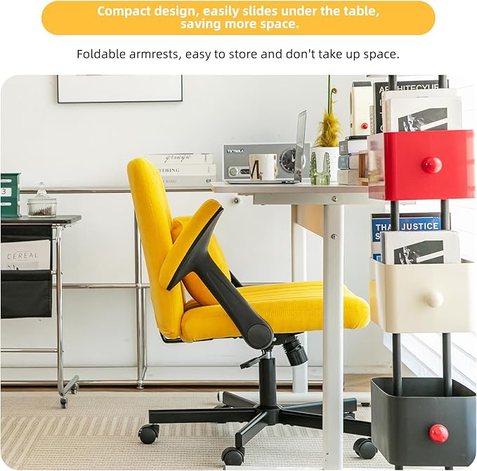 Furnimart Criss Cross Desk Char Wide Seat with Wheels and Arms, 360° Swivel Cross Legged Desk Chair Thick Cushion, Velvet Comfy Armless Home Office Chair for Bedroom, Vanity, Sturdy (Yellow)
