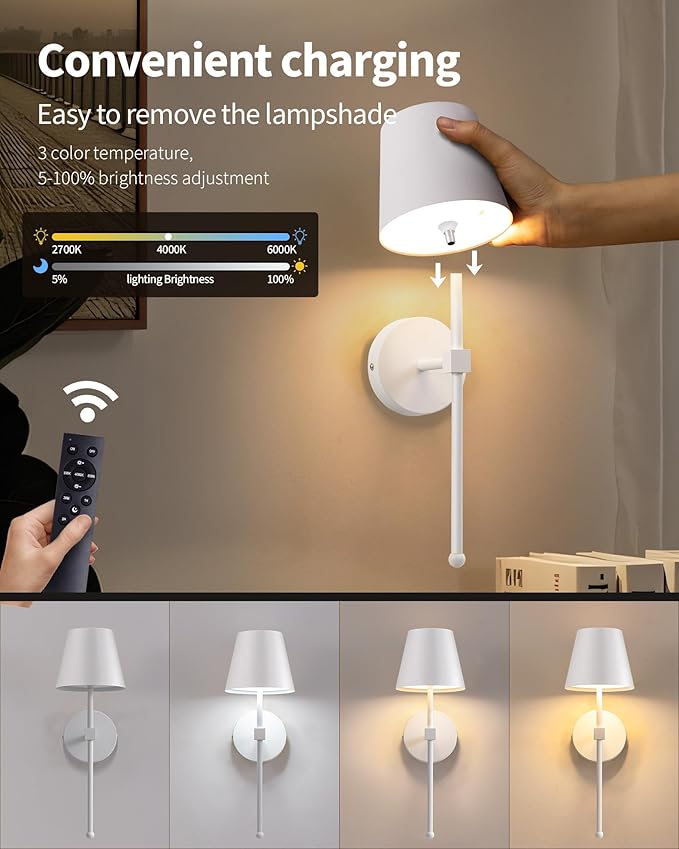 KDG Cordless Wall Sconces Set of 2, Wireless 5200mAh Rechargeable Battery LED Wall Lamps, Wall Lightings for Wall Painting, Outdoor, Garden, Living Room, Bedside, Hallway, Gifts, Night Light (White)