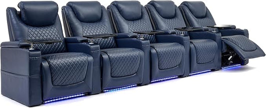 Home Theater Seating Seats, Theater Recliner Chair Sofa Game Movie Theater Chairs with 7 Colors Ambient Lighting, Lumbar Pillow, Side Pocket, Tray Table, Power Recline,Blue