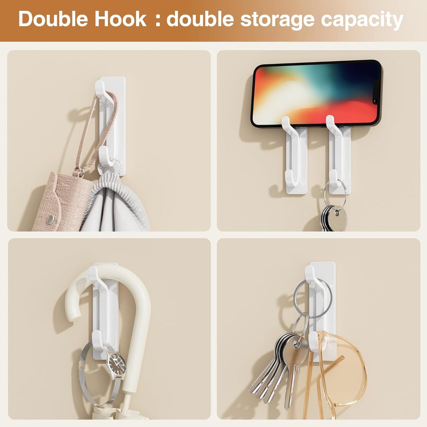 Self Adhesive Wall Hooks for Hanging: Extra Strong 13 LB, Hook for Coat, Towel in Bathrooms, Shower, Kitchen, Wall, Door Hook, White 4 Pack