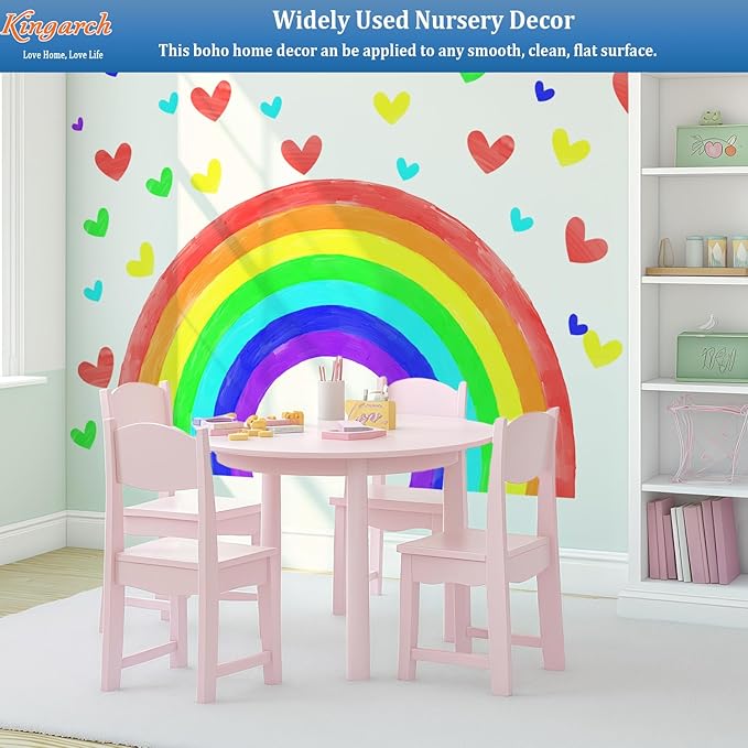 Large Watercolor Rainbow Wall Decals, Hearts Peel and Stick Fabric Nursery Wall Decor, Removable Home Room Wall Decor Murals Stickers for Kids Girls Toddler Bedroom Living Room Playroom