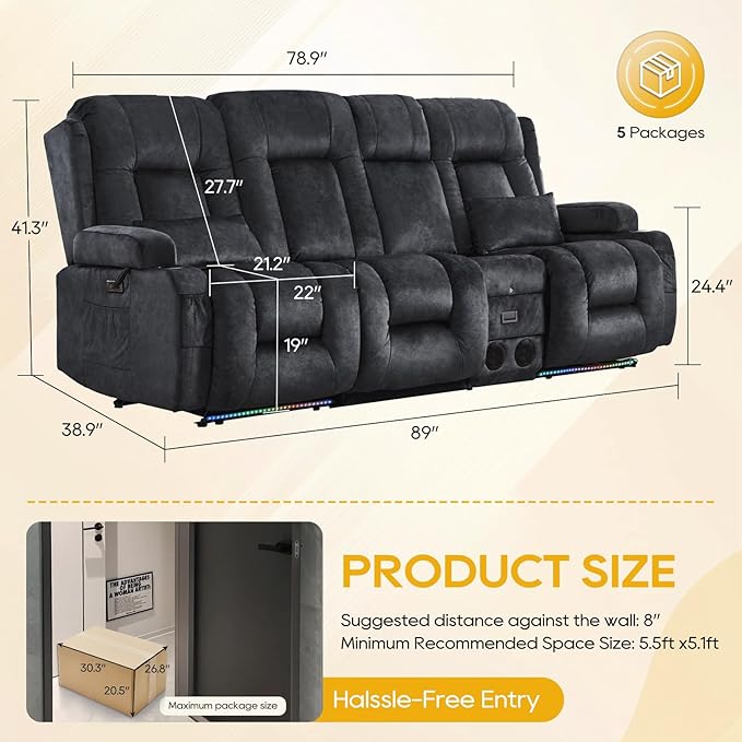 IPKIG 89" Power Reclining Loveseat Sofa, Electric Home Theater Seating with Console/4 Colors Ambient Lighting/Bluetooth Speakers/USB Ports/Built-in Outlets (Grey, 3-Seater with Console)