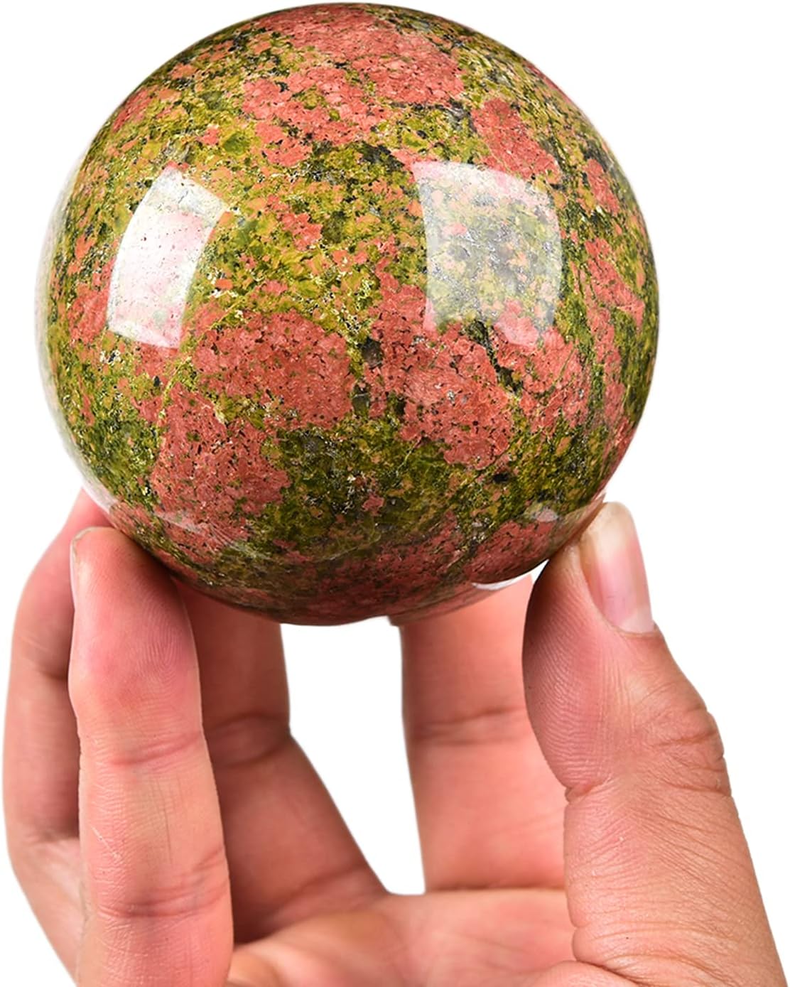 JIC Gem Natural Unakite Crystal Sphere Rock Quartz Crystal Ball with Wood Stand Healing Meditation Energy Decoation Ball (70-80mm)