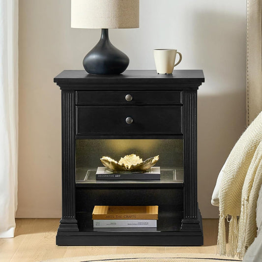 HULALA HOME Wood Nightstand with Tray and Storage Shelves, Traditional Design with Roman Column, End Table with Charging Station/LED, Black