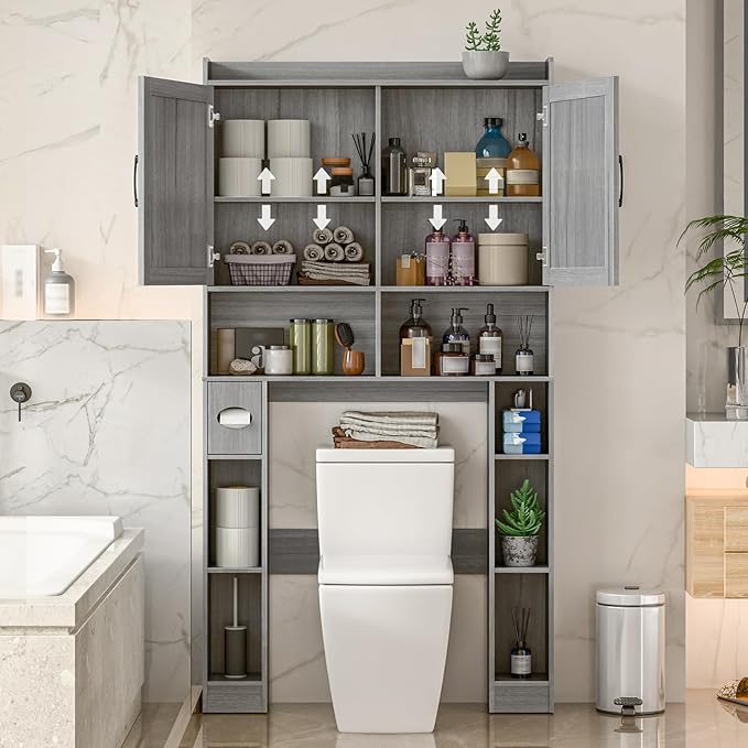 Over The Toilet Storage Cabinet, Farmhouse Toilet Cabinet Rack with Barn Doors, Space Saving Bathroom Organizer with Shelves, Toilet Paper Holder and Towel Rack for Bathroom,Restroom,Laundry,Wash Grey