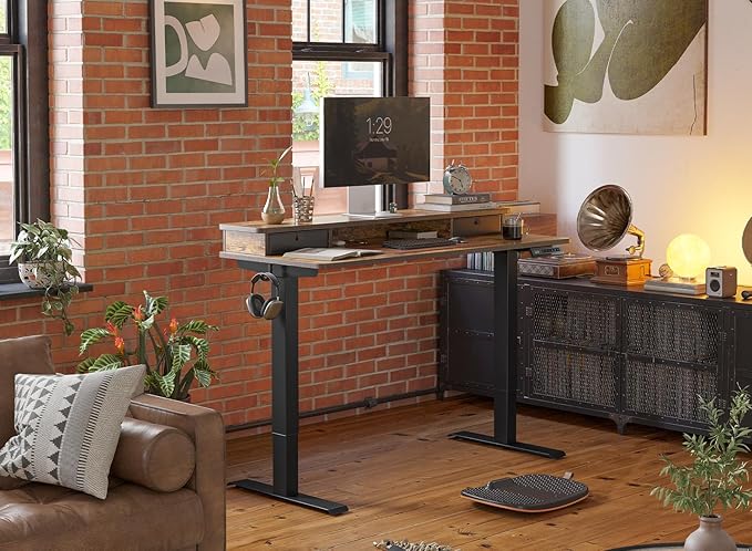 FEZIBO 48'' x 24'' Height Adjustable Electric Standing Desk with Double Drawer, Home Office Stand Up Table with 4 Height-Adjustable Feets & 2 Hooks, Vintage Brown