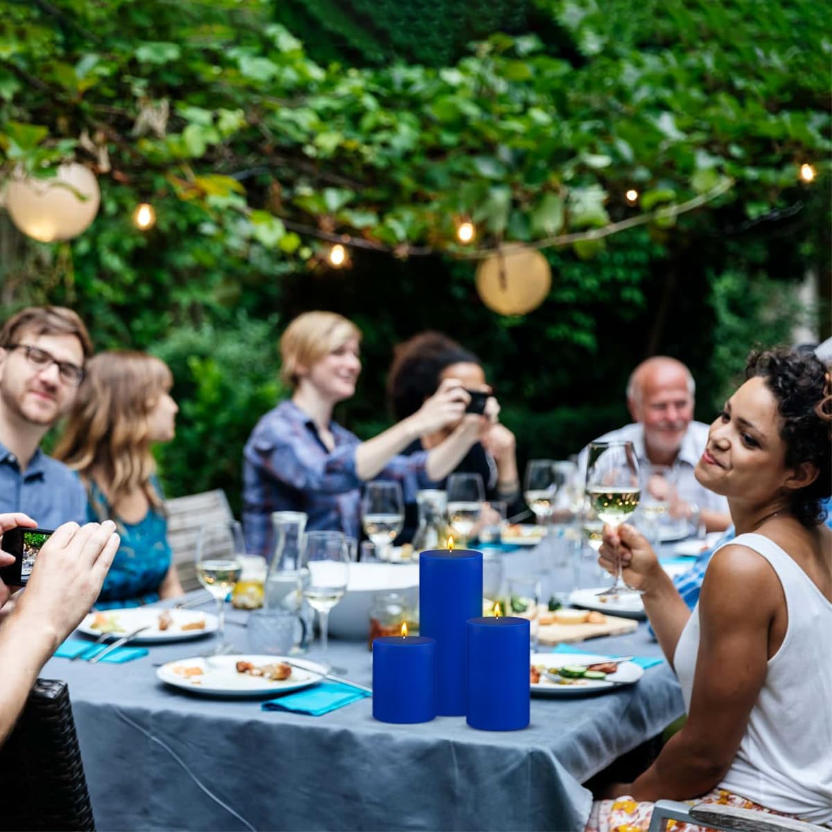 Set of 3 Different Size Blue Colored Pillar Candles, Unscented Dripless 2.75x3, 2.75x4, 2.75x6 Inch Long Lasting Burning Assorted Heights Cylinder Wax Candles for Home Table Hurricane Power Outage