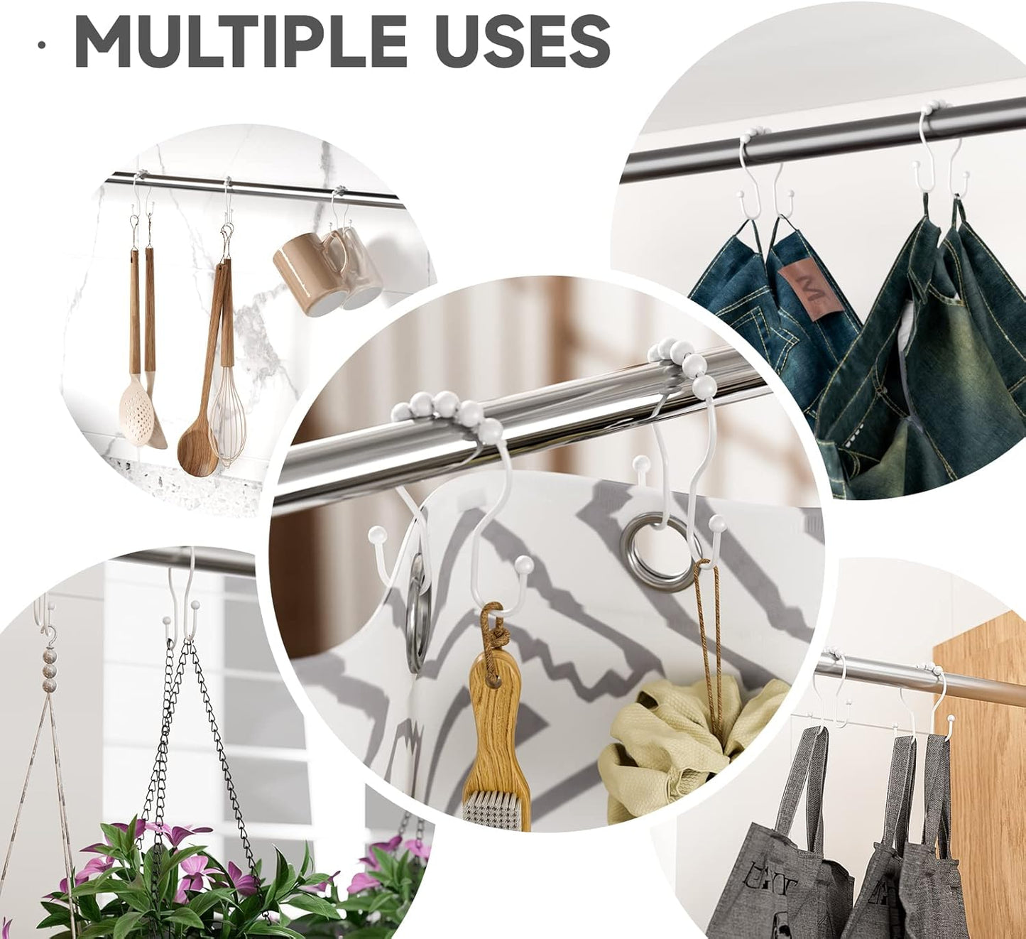 White Shower Curtain Hooks and Rings - Rust Proof, Smooth Glide, Double Hooks, 12 Pcs