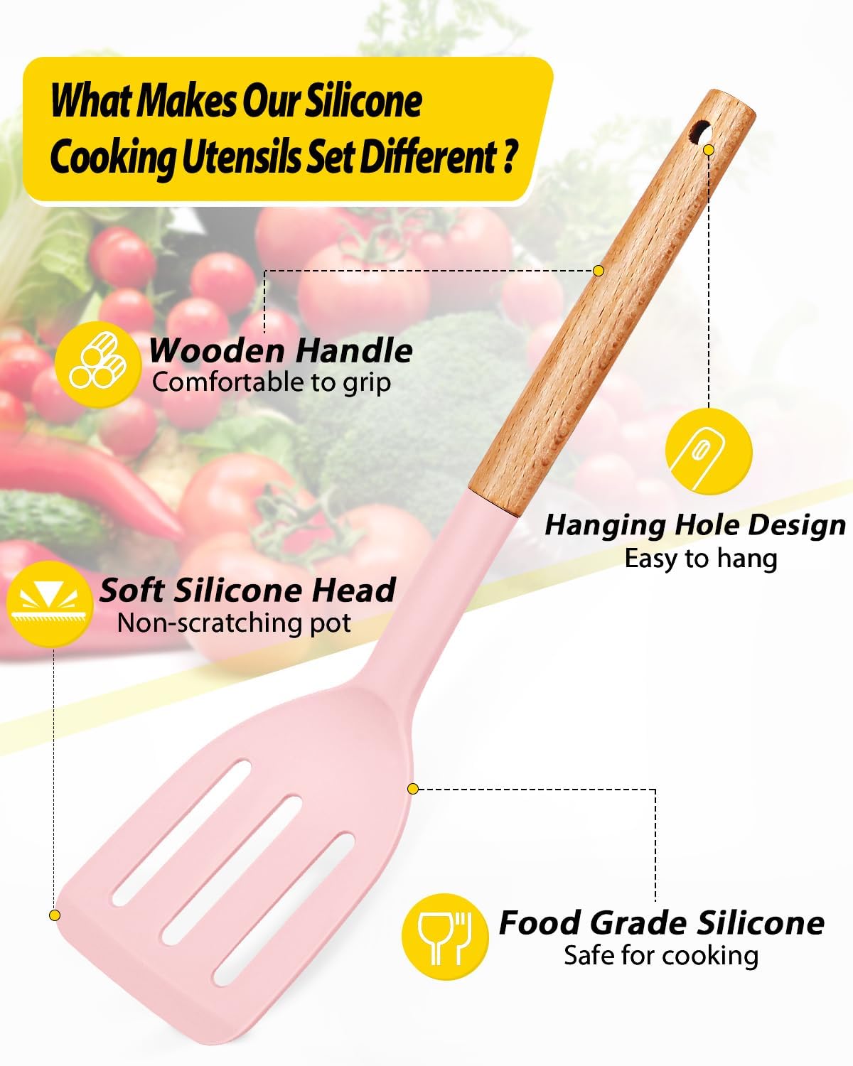 Pack of 4 Silicone Cooking Utensils Set, Non Stick Solid Spatulas and Heat Resistant Slotted Spoons with Wooden Handle, Ideal Wood Kitchen Utensils Set for Frying,Serving,Turning,Stirring (PINK)