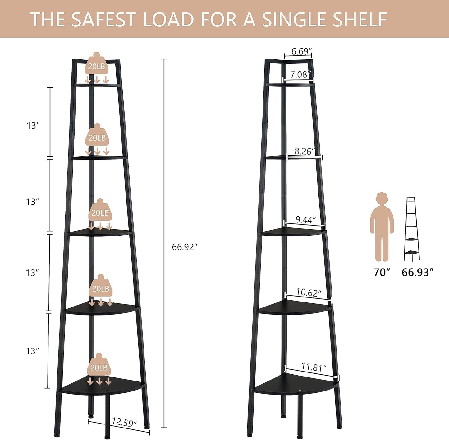 Hoctieon Corner Shelf, 5-Tier Corner Bookshelf, Rustic Ladder Shelf, Industrial Display Stand for Living Room, Kitchen, Home Office, Balcony, Small Space, Metal Frame, Black